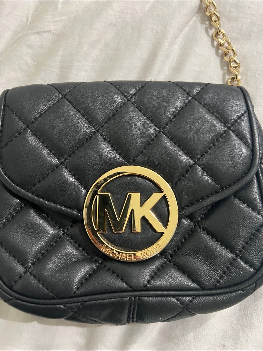 Michael Kors Black Quilted Crossbody with Gold MK Emblem